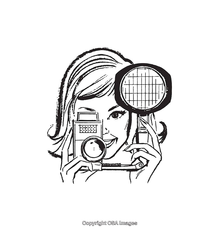 Retro Line Art of a Smiling Woman Holding a Vintage Camera