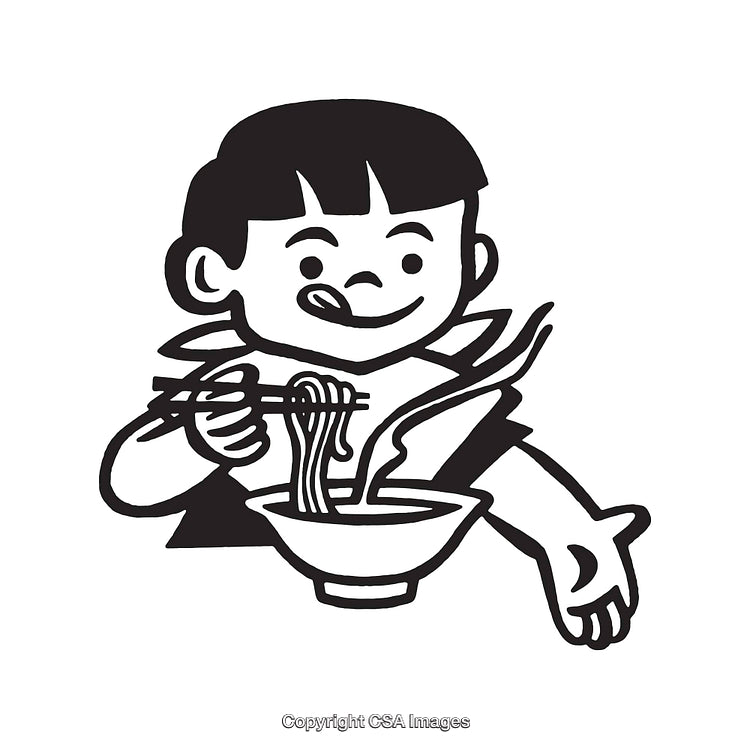 Child Enjoying Noodles in Black and White Line Art Illustration