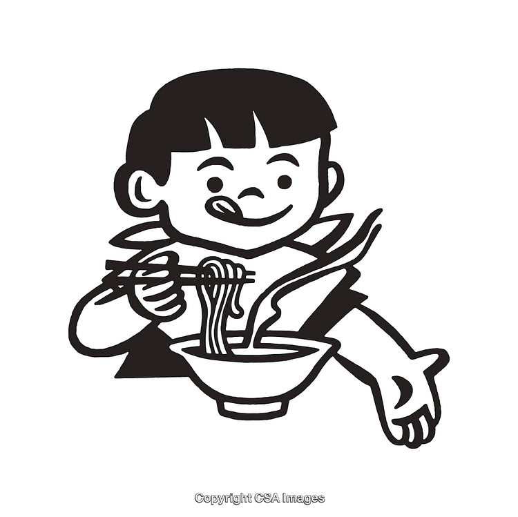 Child Enjoying Noodles in Black and White Line Art Illustration