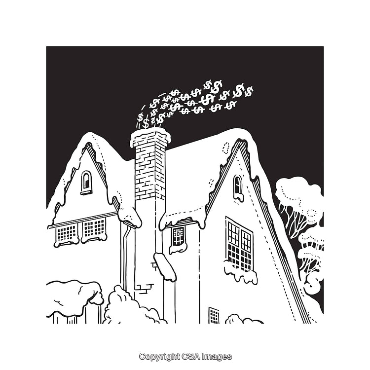 Black and White Illustration of a Snow-Covered House With Money Symbols