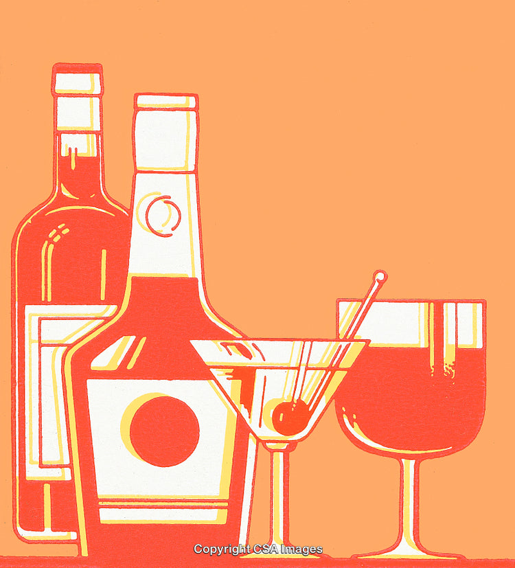 Stylized Graphic of Bottles and Glasses Against an Orange Backdrop