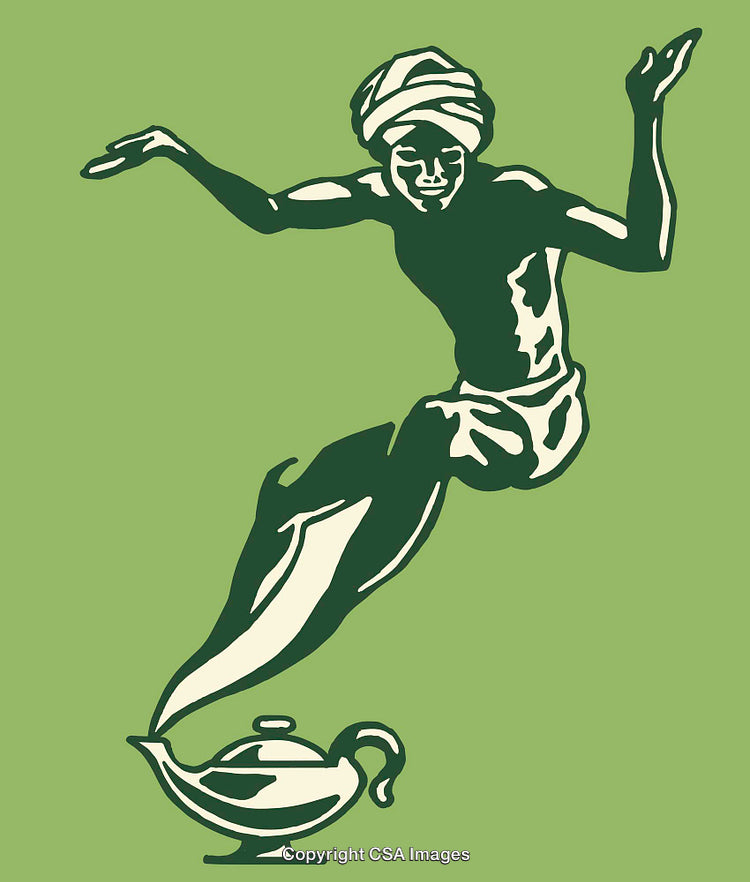 Illustration of a Genie Emerging from a Magic Lamp in Green Tones