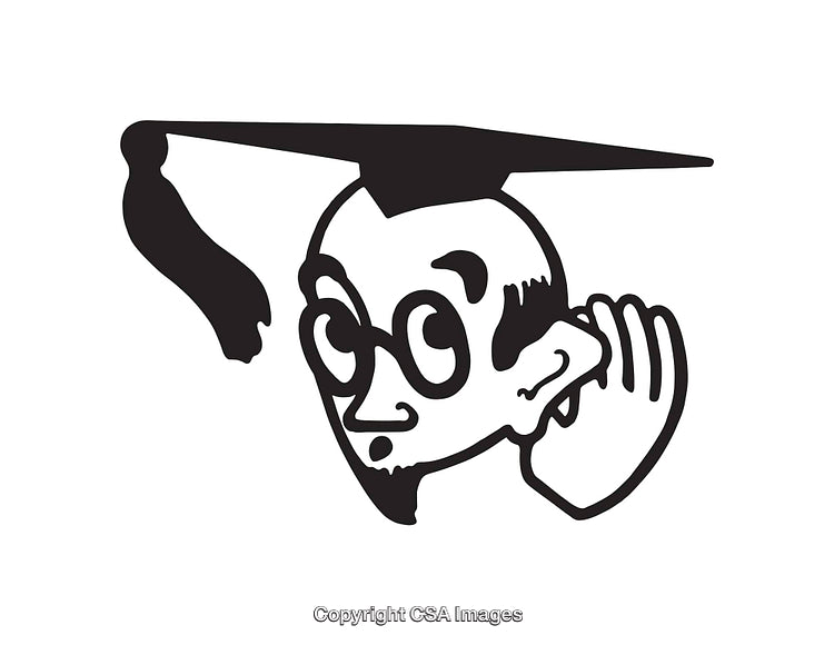 Black and White Academic Character Illustration Listening Attentively With Graduation Cap