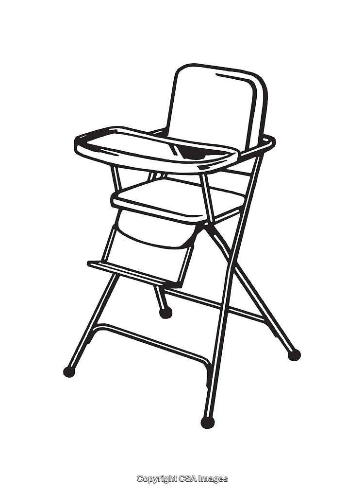 Black and White Line Art Illustration of a Foldable Baby High Chair