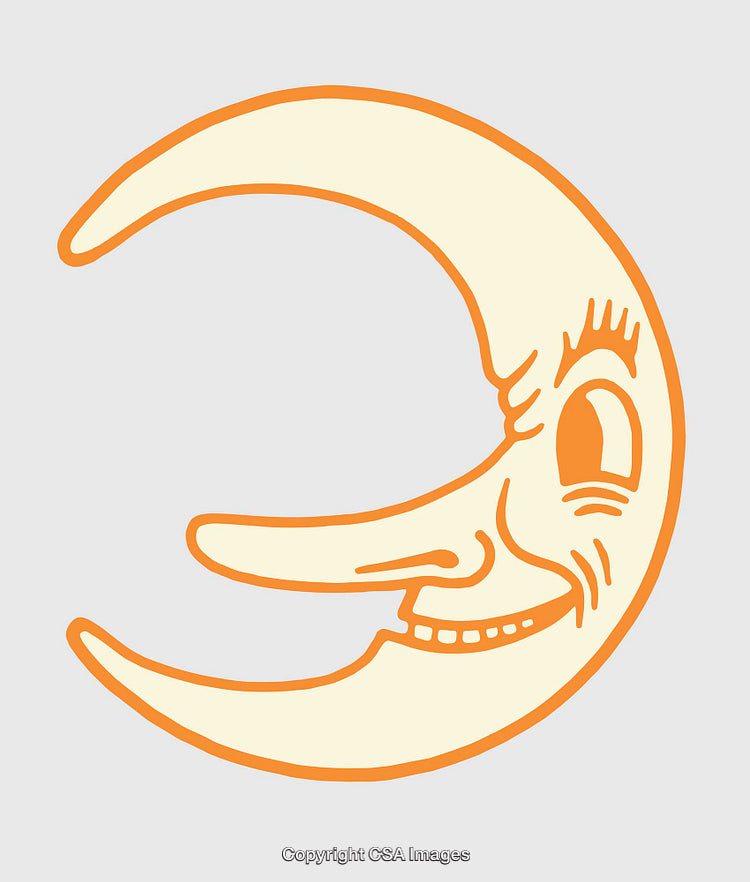 Whimsical Crescent Moon Line Art Illustration with Playful Face