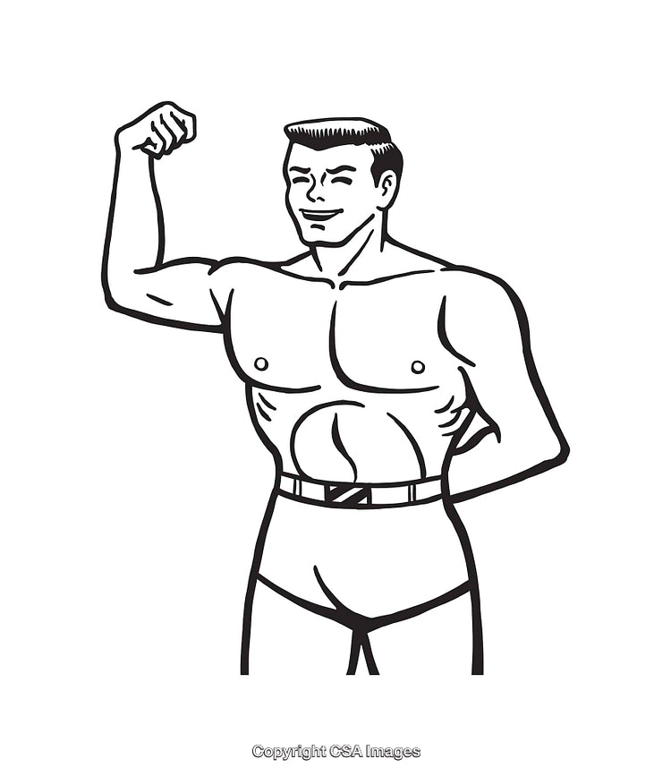 Strong Man Flexing Muscles in Black and White Line Art