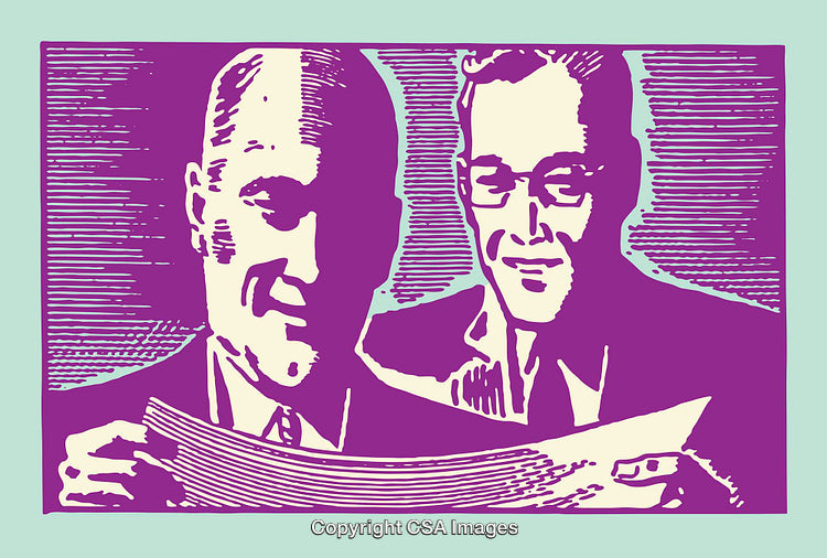 Vintage Line Art Illustration of Two Men Reading a Document