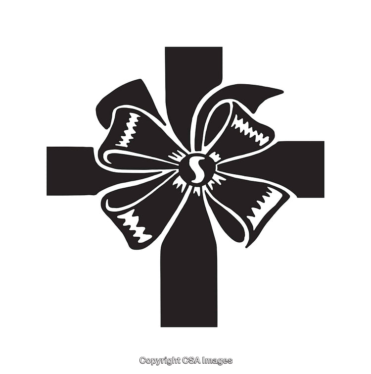 Black and White Line Art of Cross with Ribbon and Bow