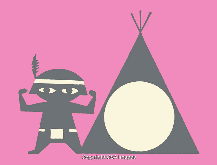 Tribal Figure Flexing Muscles Beside Teepee on Vibrant Pink Background
