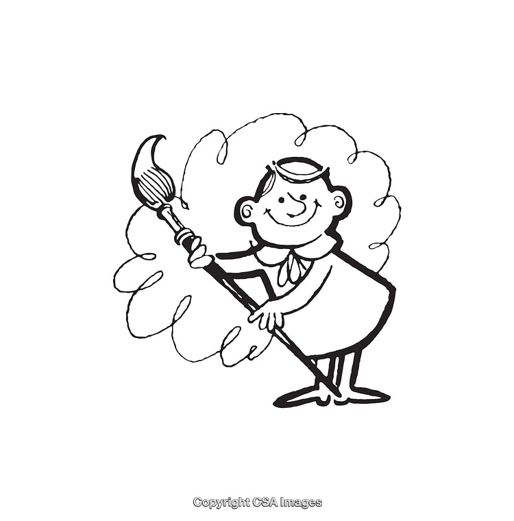 Playful Child with Large Paintbrush in Line Art Illustration