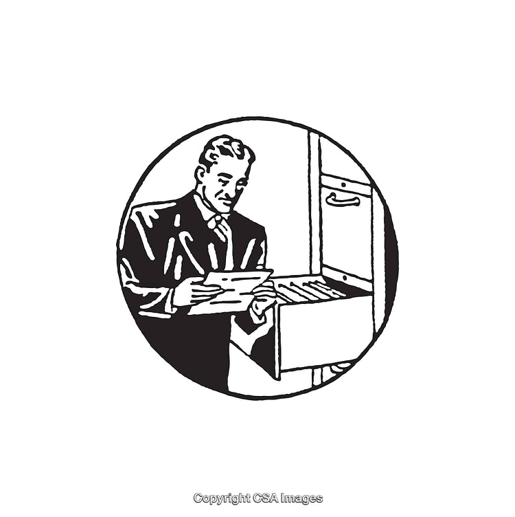 Retro Black and White Illustration of a Man Filing Documents