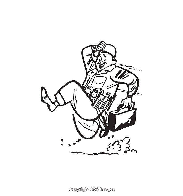 Energetic Worker Carrying Toolbox in Line Art Illustration