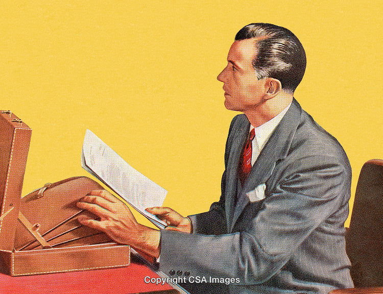 Vintage Illustration of Businessman Reviewing Documents with Briefcase