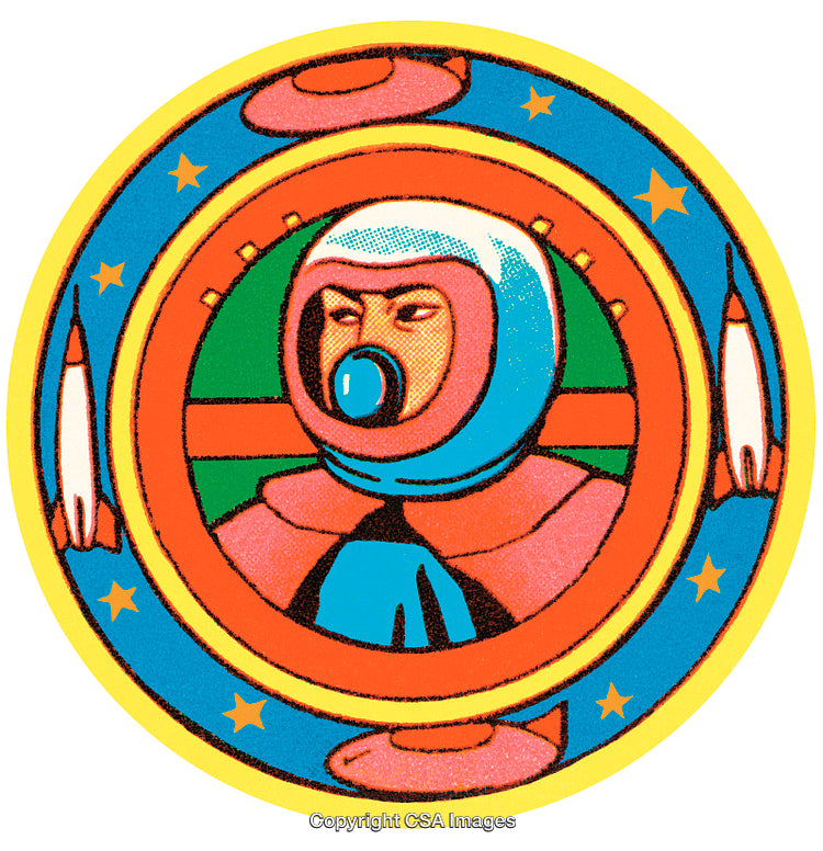 Retro Futuristic Illustration of an Astronaut in Space with Rockets and Stars