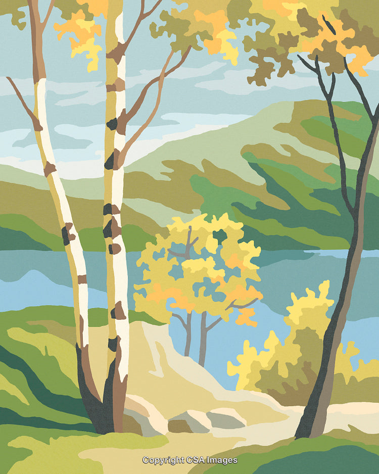 Scenic Landscape Illustration Showing Trees by a Serene Lakeshore