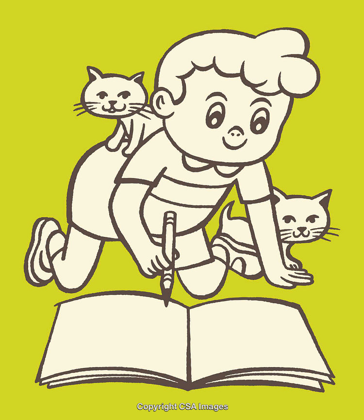 Playful Illustration of Child Writing and Cats on a Lime Green Background