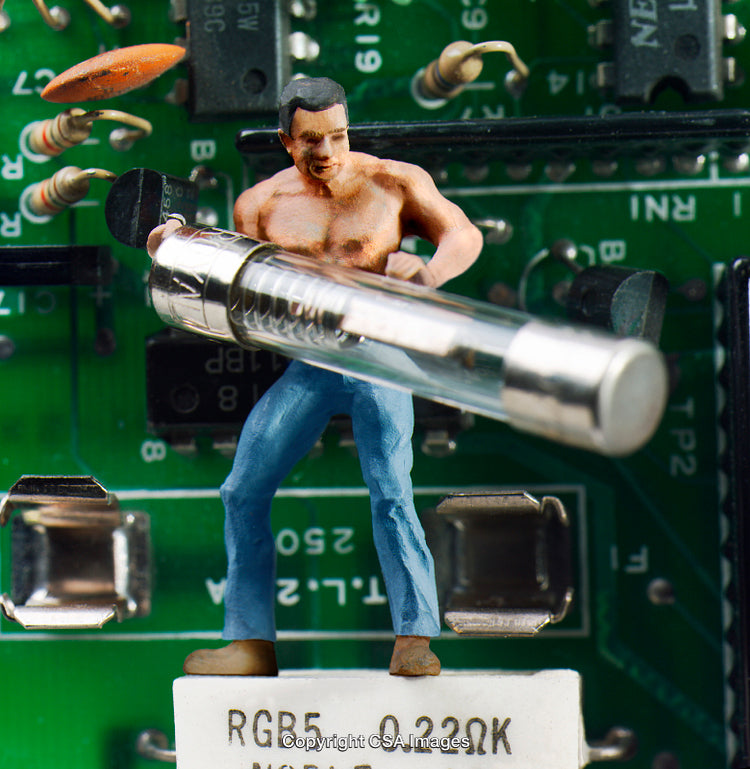 Miniature Figure Holding Large Glass Component on Circuit Board