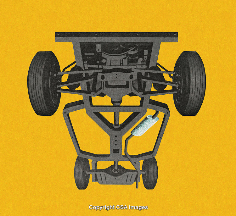 Overhead View of a Vehicle's Suspension and Exhaust System on Yellow Background