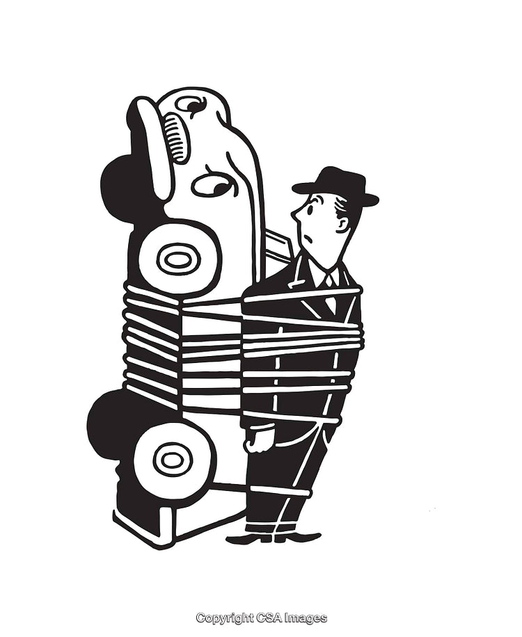 Illustration of a Man Bound to an Upright Car in a Unique Scene