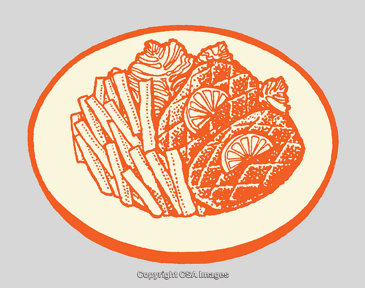 Color Line Art Illustration of a Meal Dish with Garnish and Fries