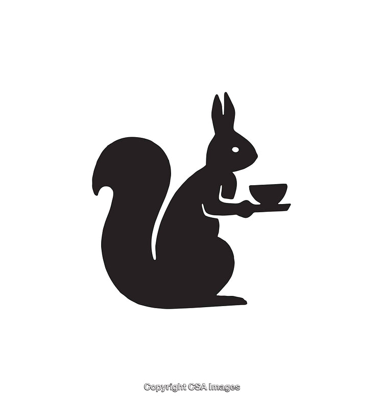 Silhouette of a Squirrel Holding a Cup and Saucer in Black