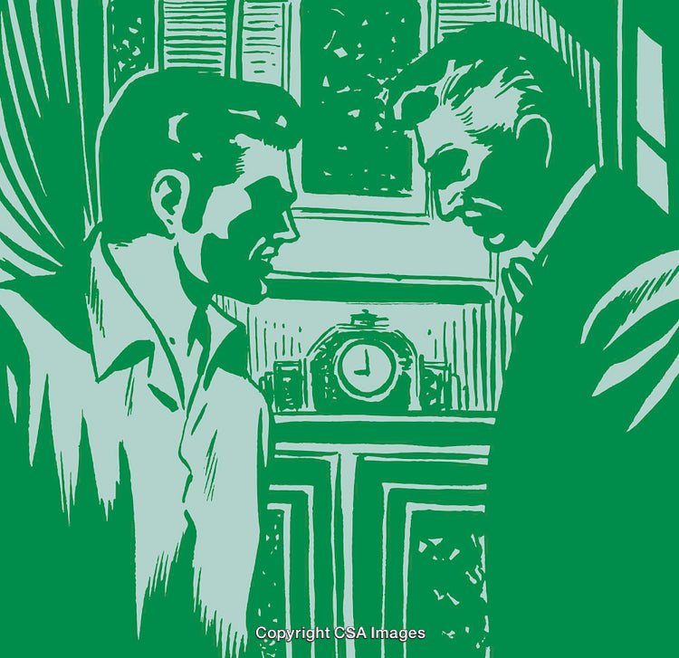 Vintage Green Artwork of Two Men Engaging in Tense Conversation