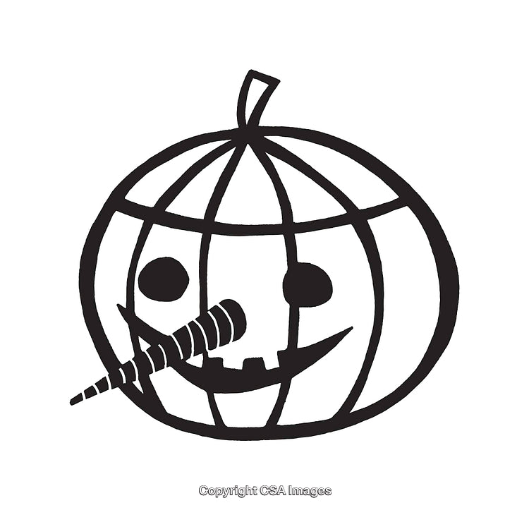 Black and White Line Art of a Halloween-Themed Pumpkin