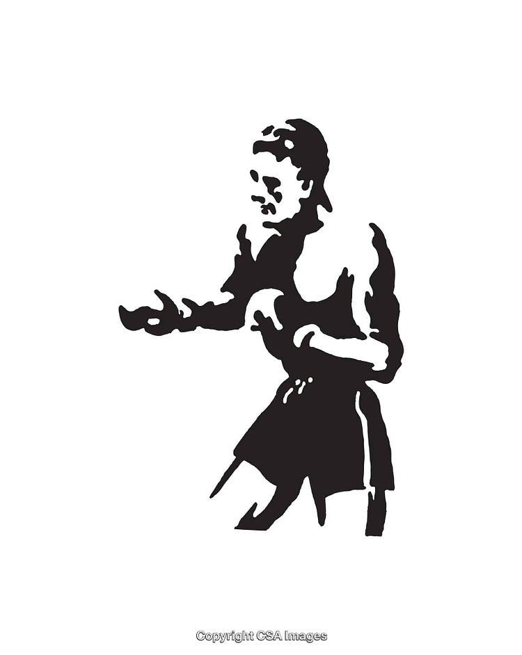 Black and White Line Art Depicting a Historical Figure in Motion