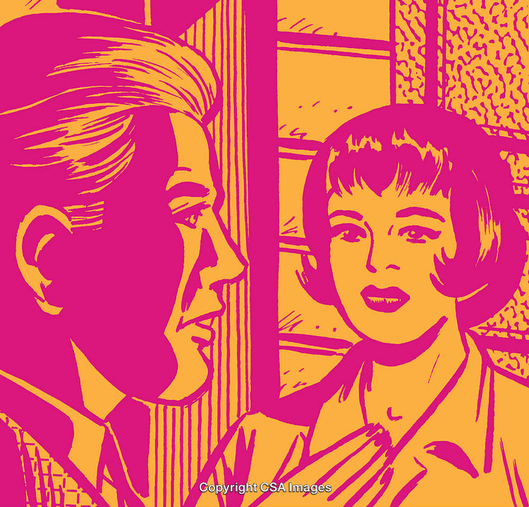 Vintage Pop Art Illustration of Two People in Thoughtful Conversation