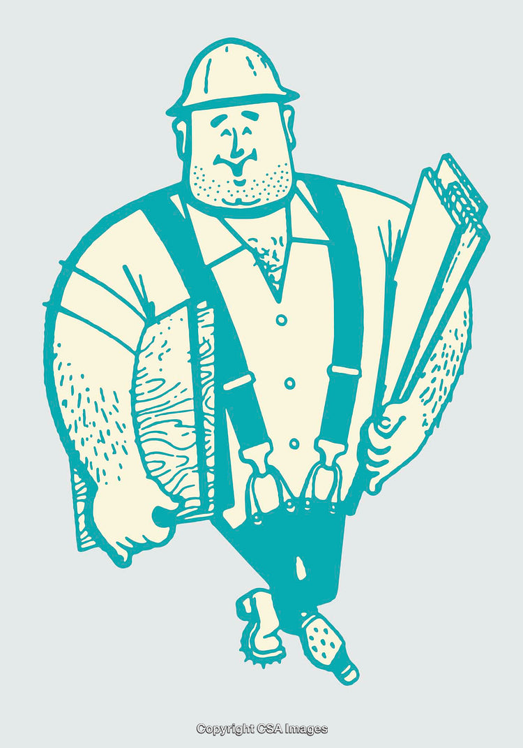 Cartoon Construction Worker Holding Wooden Materials and Smiling Cheerfully