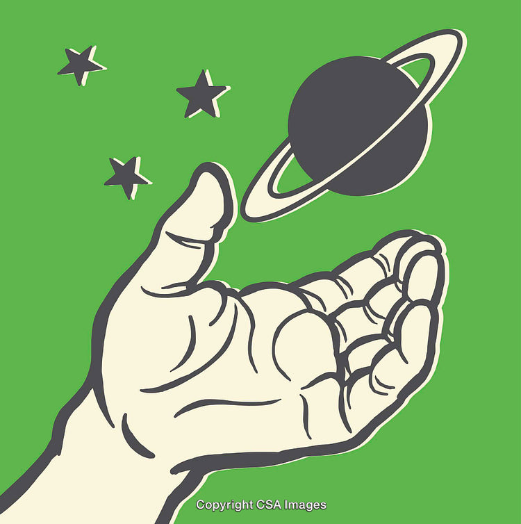 Hand Holding Saturn Illustration with Stars on Green Background