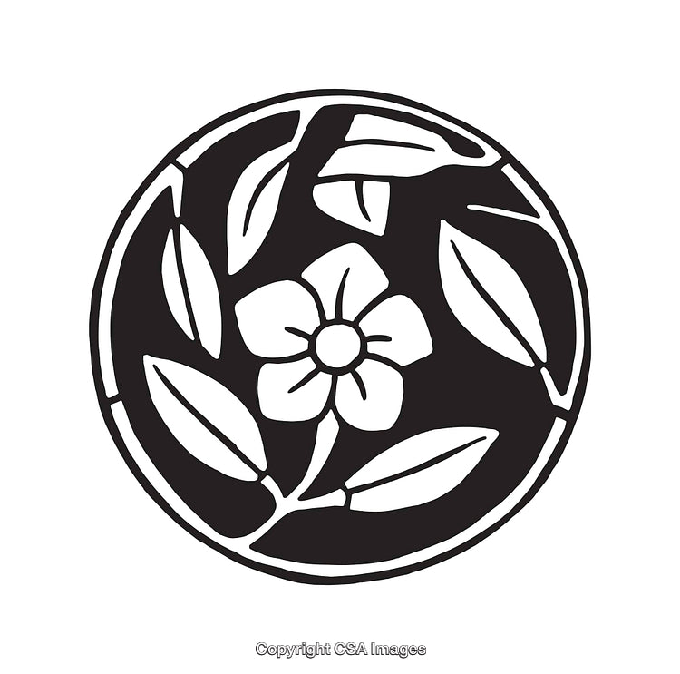 Black and White Line Art Flower Emblem with Leaves