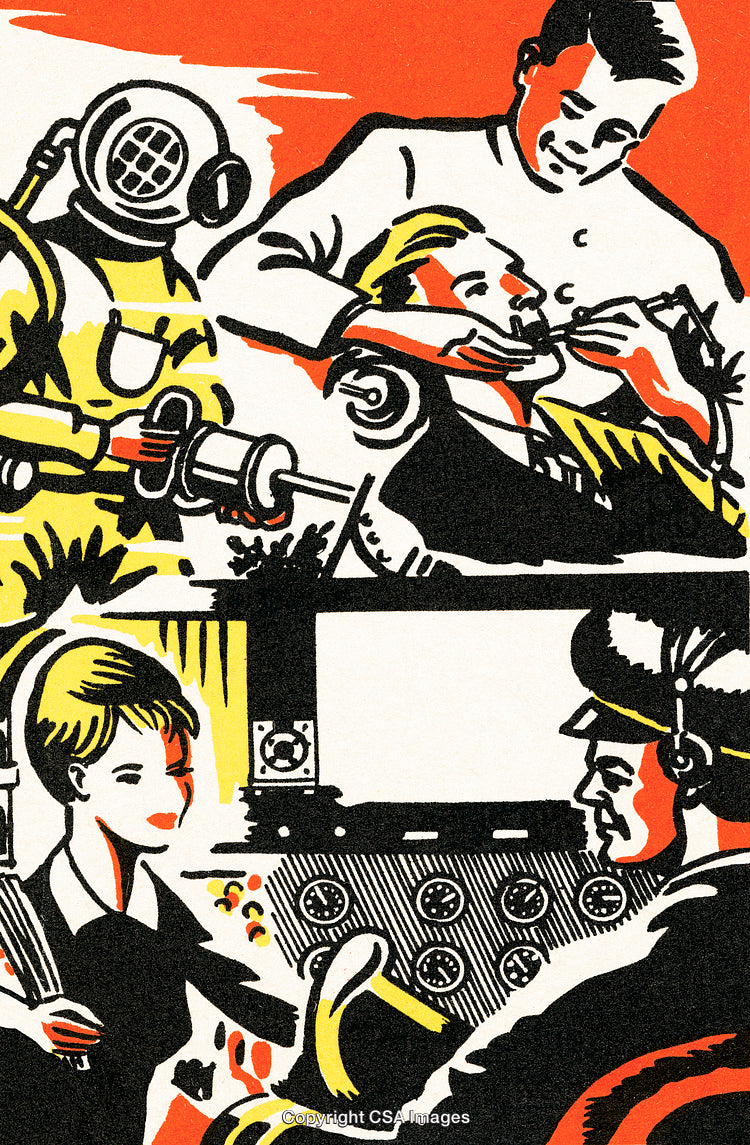Vintage Illustration of Various Professions and Activities in Bold Colors