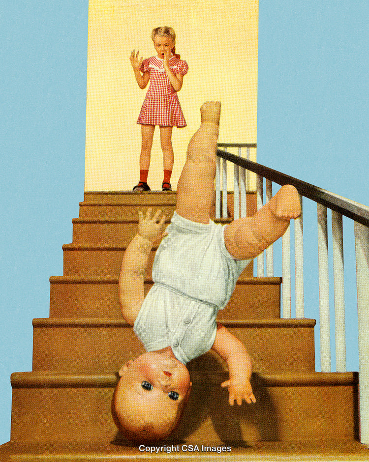 Surprised Girl Watching a Doll Falling Down a Staircase