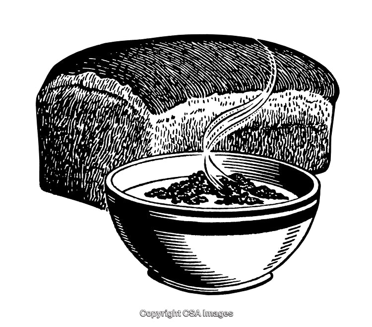 Black and White Engraving of Bread Loaf and Bowl of Soup