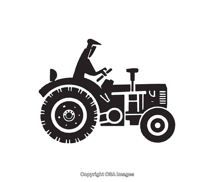 Black and White Line Art of a Farmer Driving a Tractor