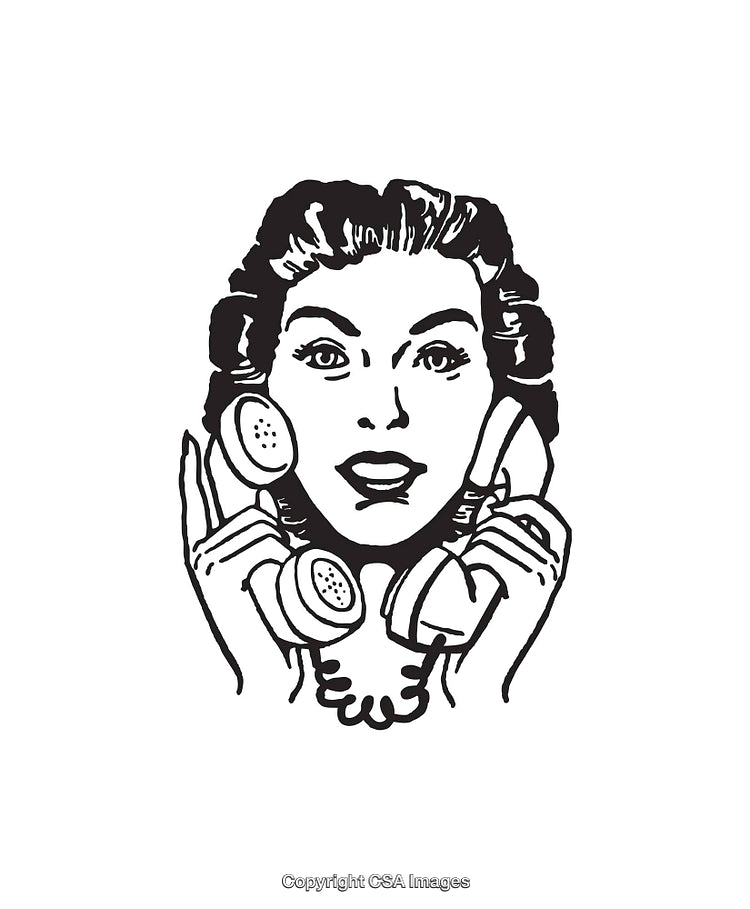 Retro Style Line Art Illustration of a Woman with a Telephone