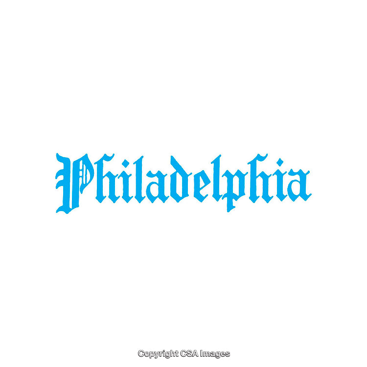 Philadelphia City Name in Blue Gothic Lettering Style on White Background