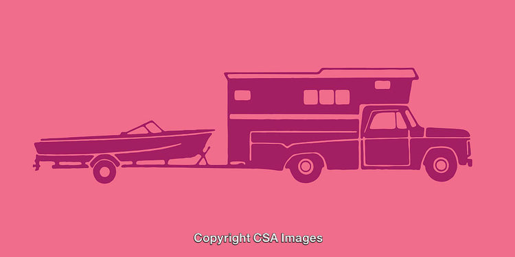 Illustration of Pickup Truck with Camper and Boat in Pink Tones