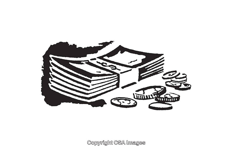 Black And White Drawing of Currency Notes and Coins