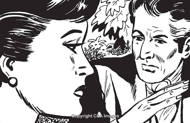 Vintage-Style Black and White Illustration of a Man and Woman in Conversation