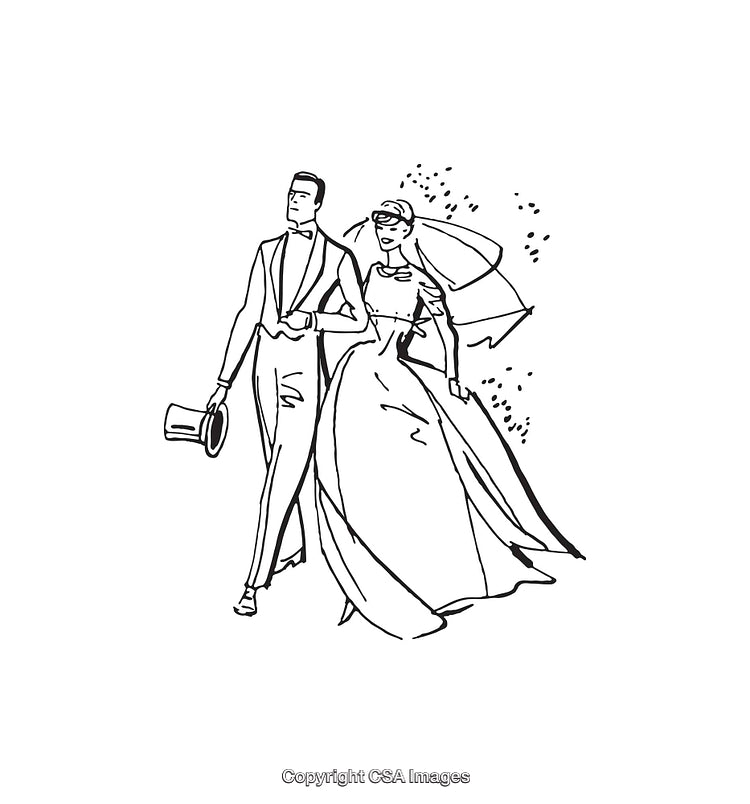 Elegant Black and White Line Art of Wedding Couple Walking Together
