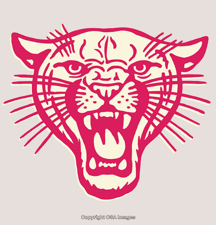 Pink Line Art of a Roaring Panther Face in Retro Style