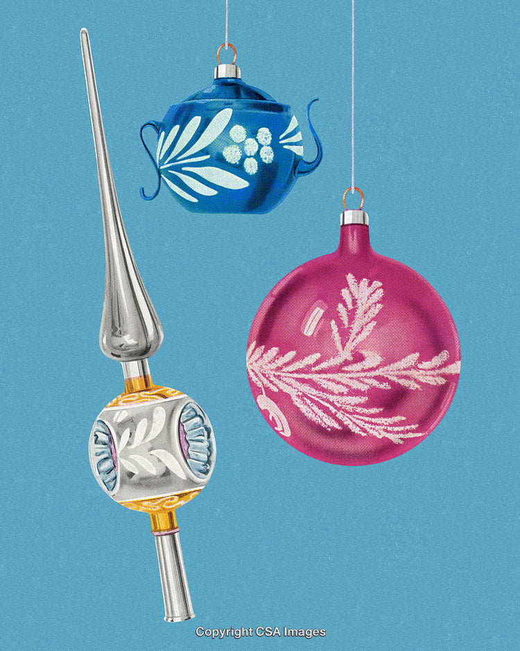 Elegant Vintage Christmas Ornaments on a Blue Background Featuring Classic Designs