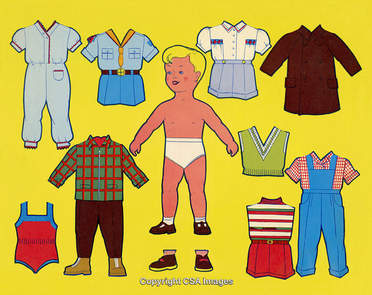 Vintage Paper Doll Design With Outfits on Yellow Background
