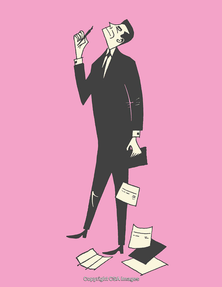 Cartoon Businessman Holding Documents on a Vibrant Pink Background