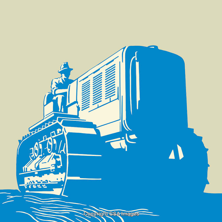 Retro Illustration of Man Operating a Tractor in Blue Line Art