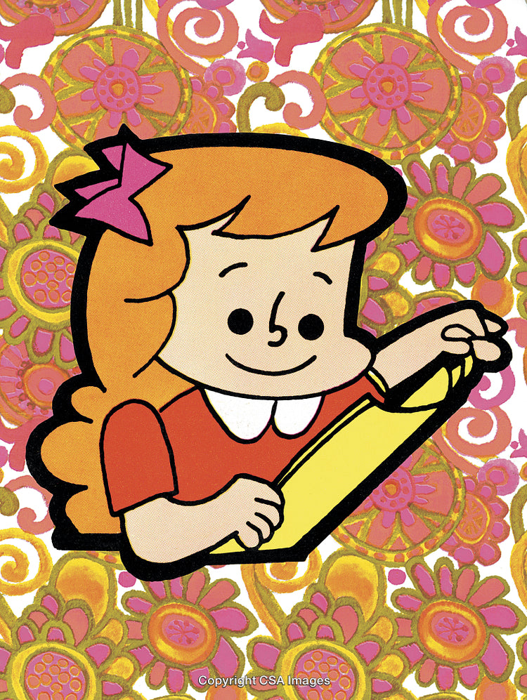 Cheerful Cartoon Girl with a Colorful Background Featuring Floral Patterns