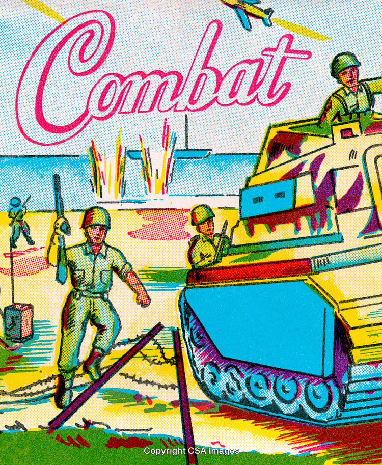 Colorful Comic Style Illustration Depicting a Military Battle Scene