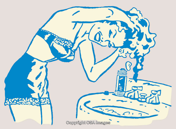 Retro Style Illustration of a Woman Styling Her Hair in a Bathroom